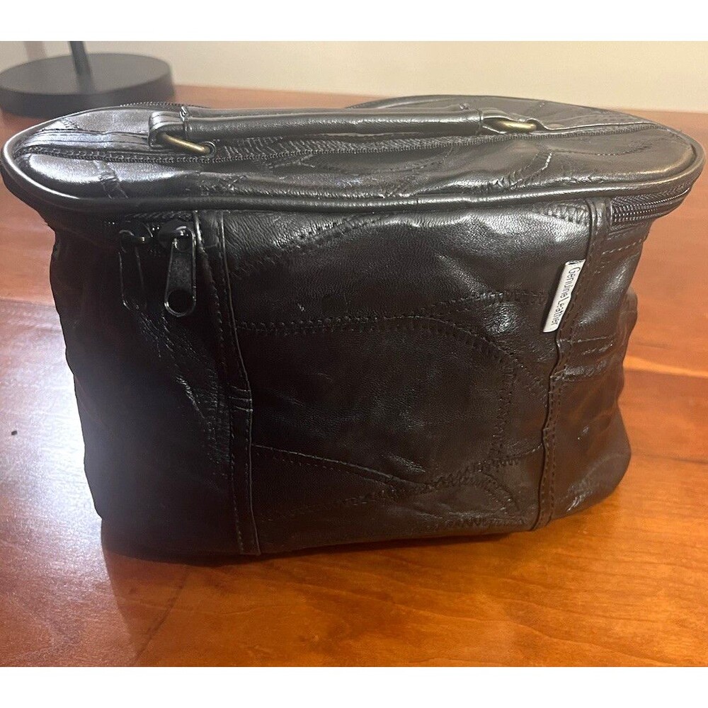 VTG Patchwork Black Genuine Leather Train Case Cosmetic Bag with Mirror 12x6”
